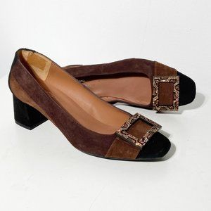 Brenda Zaro Suede squared toe crystal buckle embellished pump block heel size 39